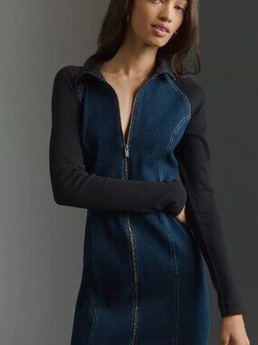 Pilcro Two-Tone Denim Zip-Front Mini Dress Denim Black Size M NWOT